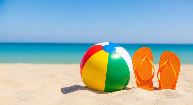 Beach scene with colorful beach ball and orange flip flops on sandy shore