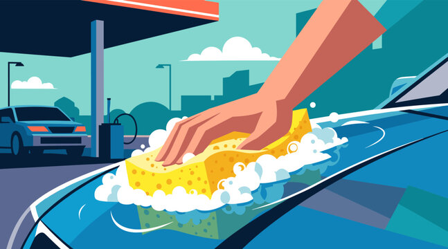 Hand washing car with sponge at outdoor service station