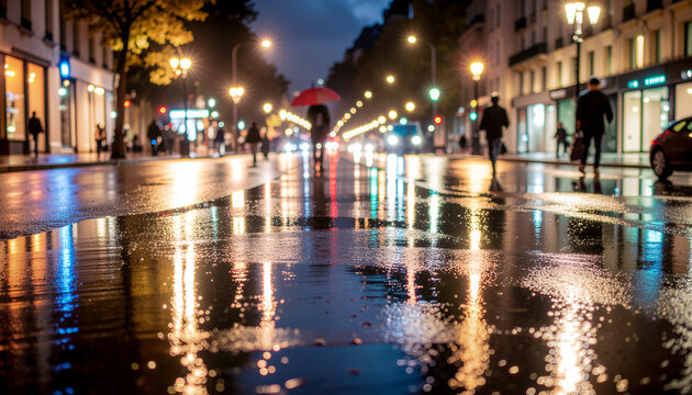 Rainy city boulevard at night with glowing streetlight reflections.