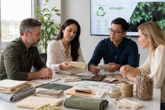 Diverse team collaborating around table examining eco-friendly sustainable fabric samples in bright modern office with sustainability infographic and natural lighting