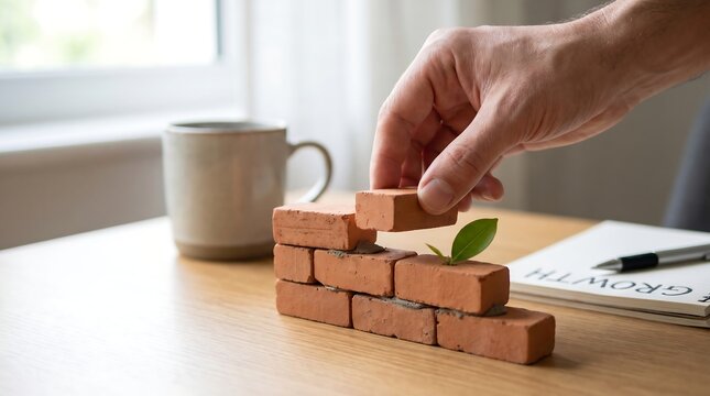 Building a solid foundation for future growth with a hand placing the final brick on a small wall