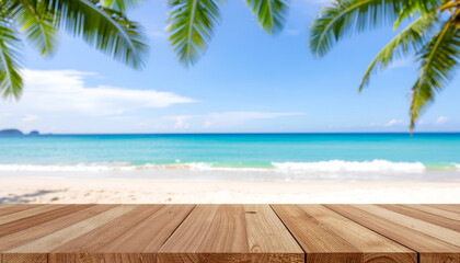 Fototapeta premium Tropical beach with palm leaves and wooden deck overlooking turquoise sea.