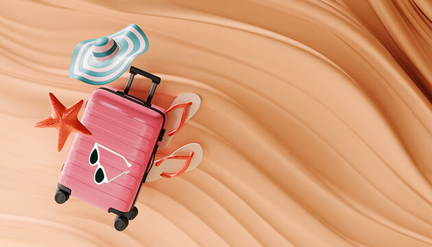 Travel luggage with beach accessories on pink background with copy space. Summer travel. 3D Rendering, 3D Illustration