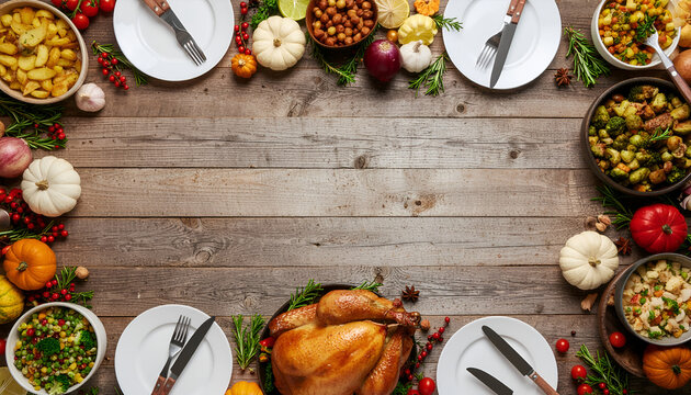 Overhead thanksgiving feast with roast turkey pumpkins and copy space.
