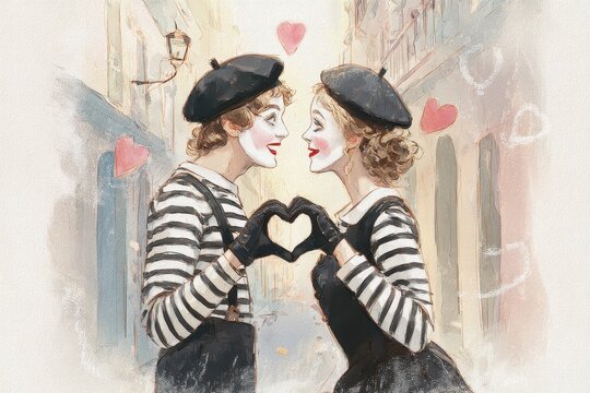 Whimsical street mimes in love: striped outfits, white faces, warm gestures