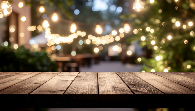 Empty wooden table with festive bokeh lights outdoors at night.