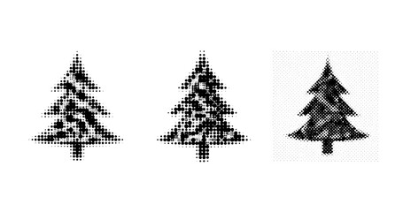 Obraz premium Christmas tree icons displayed in halftone pattern on white background. not ideal dots
