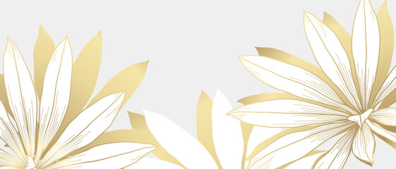 Luxury floral background. Gold hand drawn line art flowers and leaves. Vector pattern for wall art, greeting card, wallpaper, print, poster, invitation, packaging, cover, banner © Feodora_21