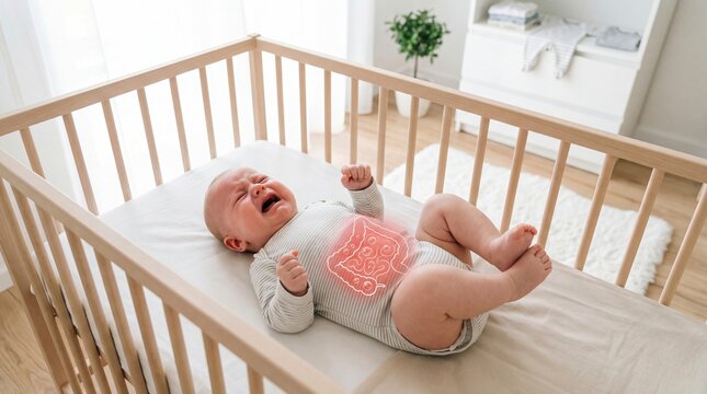 Crying baby in crib with highlighted intestine anatomy. Infant suffering from stomach pain or colic. Medical illustration of child digestive health issue and pediatric digestion disorder.