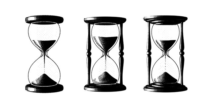 Three hourglasses showing sand flow on white background. not ideal dots