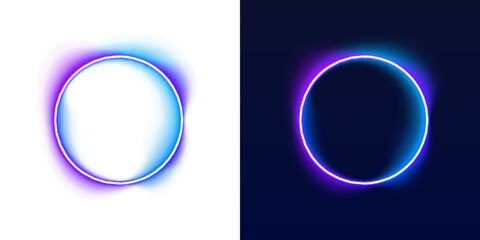 Futuristic neon circle shines with soft gradient glow. Light particles drift around smooth ring shape. PNG abstract design element set. © Extrastock