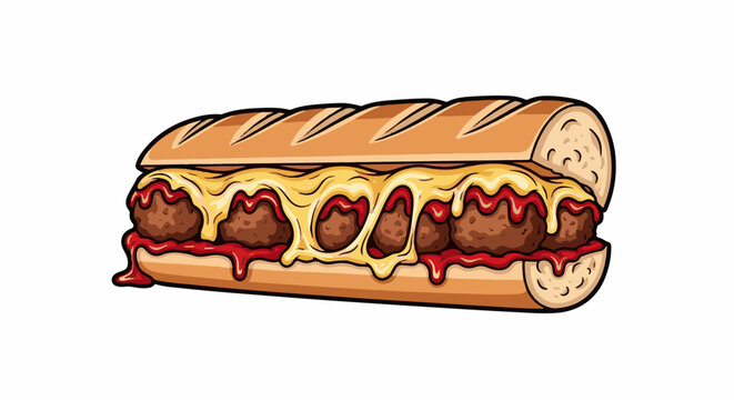 A cartoon-style sub sandwich overflowing with meatballs, cheese, and sauce