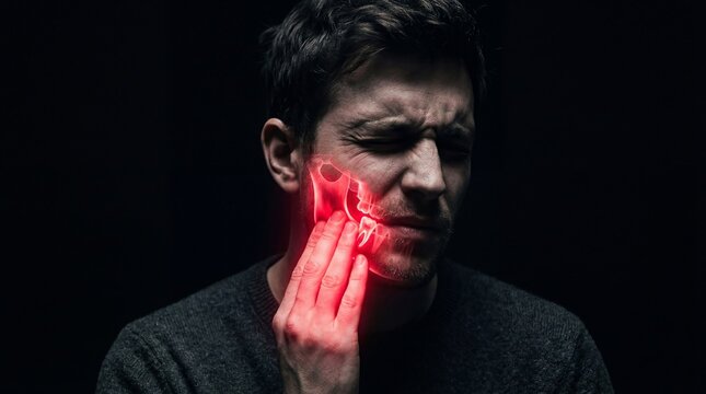 Man touching cheek experiencing sharp toothache with glowing red jaw illustration over face. Dental pain concept illustrating medical disorder or cavity. Healthcare and dentistry issue study.
