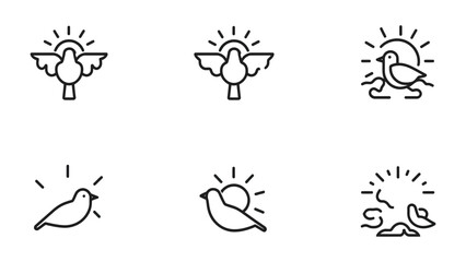 Fototapeta premium Dove Silhouette Set: Collection of minimalist line drawings, each featuring a dove, symbol of peace and renewal, set against a radiant sun in various stylized poses.