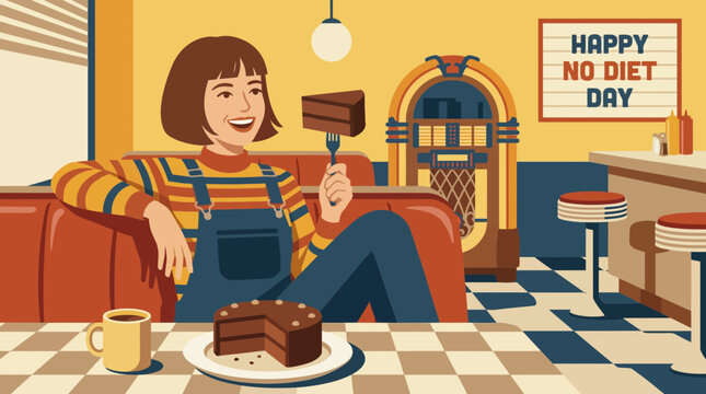 Woman celebrating No Diet Day with chocolate cake in a retro diner