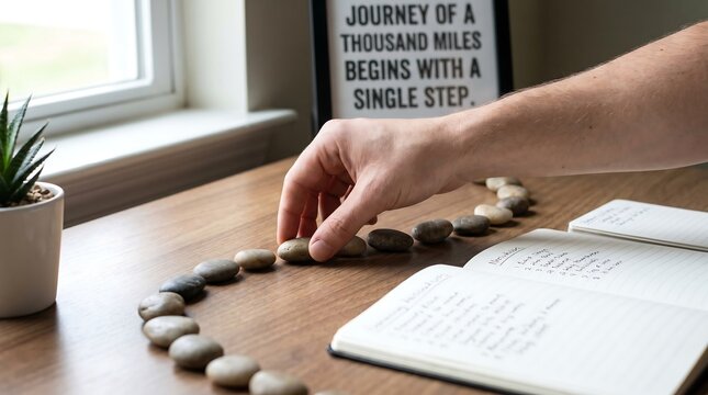 Hand arranging pebbles in a line on a desk next to a notebook and a framed quote about steps