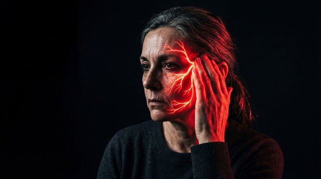 Woman suffering from severe headache and migraine. Visualization of nerve pain and inflammation in temple area. Medical concept of chronic neurological disorder and cluster headache symptom.