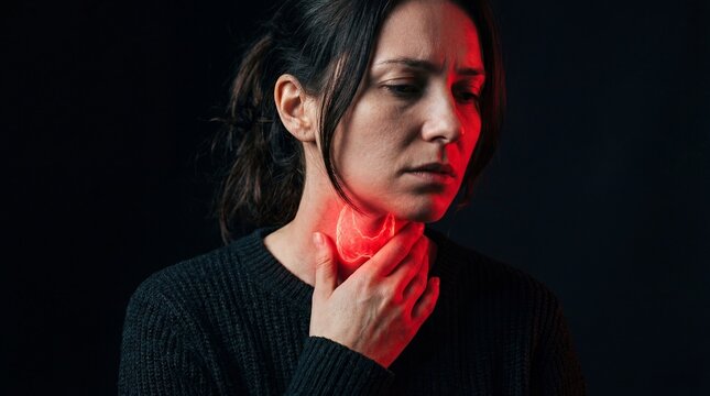 Woman touching throat with glowing thyroid visualization. Patient suffering from neck pain and glandular inflammation. Concept of endocrine system disease, diagnosis and healthcare.