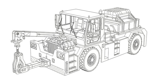 Detailed line drawing of an airport pushback tractor, an aircraft ground support vehicle, showcasing its robust design and towing mechanism.
