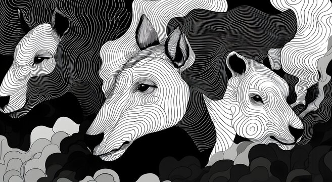 Black white animal portrait collection in artistic vector style photo