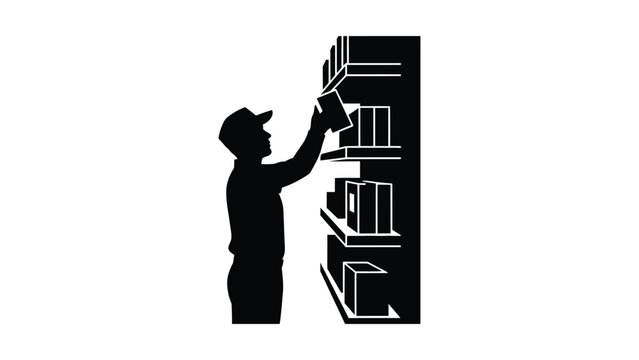 Black silhouette of a worker stocking shelves in a warehouse.