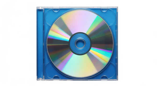 A single compact disc inside a blue plastic jewel case isolated on a plain white background view