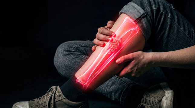Woman touching leg with highlighted bone fracture. Painful shin injury showing internal damage. Medical concept of orthopedic trauma, bone cancer, or athletic sports injury diagnosis.