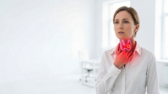 Woman touching throat with painful thyroid illustration. Medical concept showing gland inflammation and endocrine system illness. Diagnostic visualization of hormonal disorder healthcare.