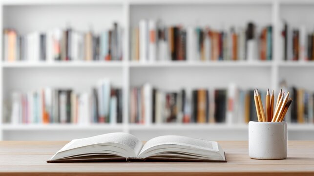 Open book and pencils in a white ceramic holder on a wooden desk with a blurred bookshelf in the background