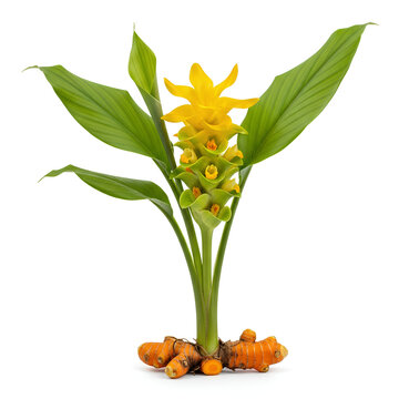 Turmeric Plant with Yellow Flowers and Roots Isolated on White.
