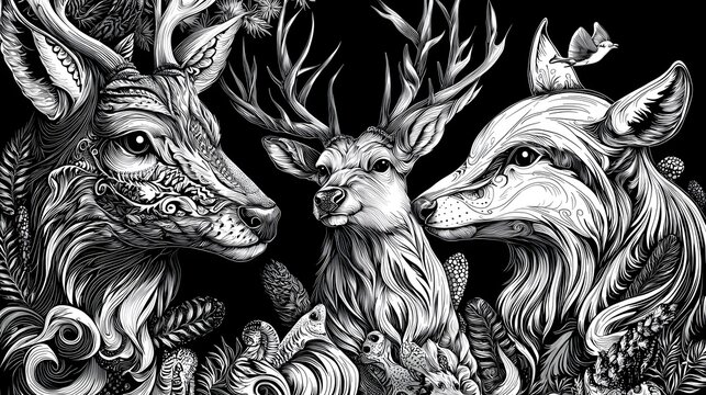 Black white wildlife art showcasing engraved animals and patterns photo