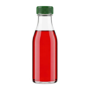 Clear glass bottle with green cap filled with red liquid isolated on white background.