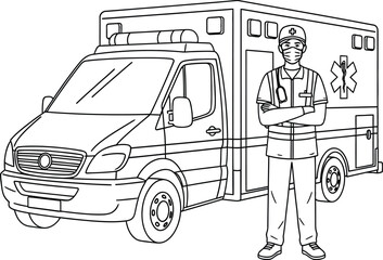 Paramedic standing proudly in front of an ambulance, ready to help. © Vhya