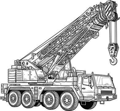 Mobile crane truck construction vehicle illustration for coloring book.