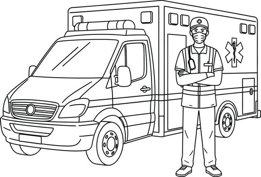 Paramedic standing proudly in front of an ambulance, ready to help.