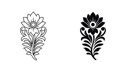 Decorative floral motif in line art and solid black silhouette for textile print pattern and traditional indian paisley style design © Eastern