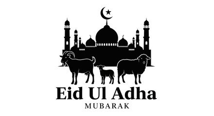 Obraz premium Eid Ul Adha Celebration, Sheep and Goat, Islamic Landmark, Graphic Design, Festive Environment, Silhouette View, Cultural Significance
