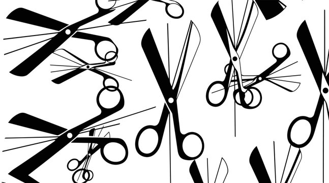 Scissor silhouettes overlapping in repeating pattern on white, no seamless