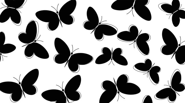Butterflies flying scattered across seamless white background, no seamless