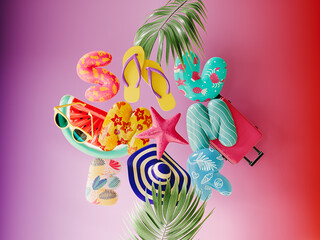 Obraz premium Inflatable Summer letters with beach accessories on colorful background. Summer travel concept design. 3D Rendering, 3D Illustration