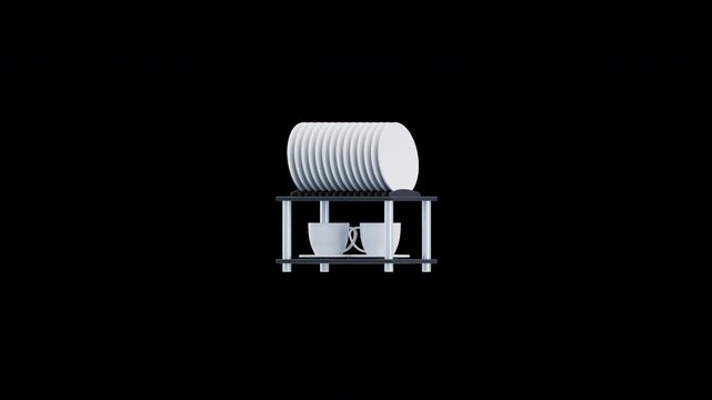 3d animation of dish rack with plates and cups organized