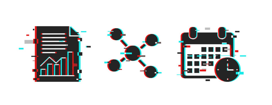 Data analysis, network connections, and time management concepts in glitch style