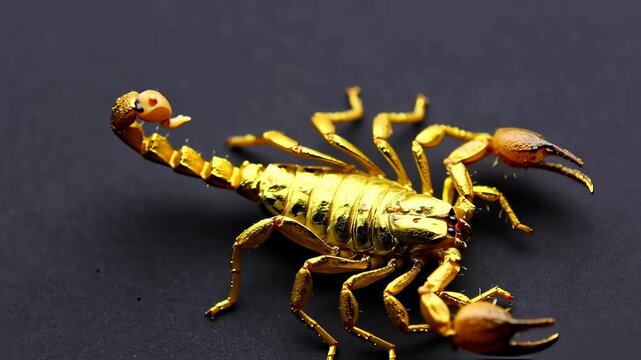 Close-up of a golden scorpion on a dark background