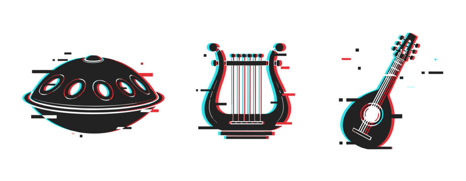 Glitch art: hang drum, lyre, and mandolin in retro aesthetic