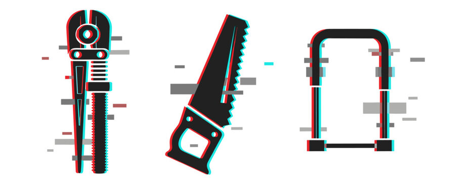 Glitch art tools: adjustable wrench, hand saw, u-lock display with digital distortion