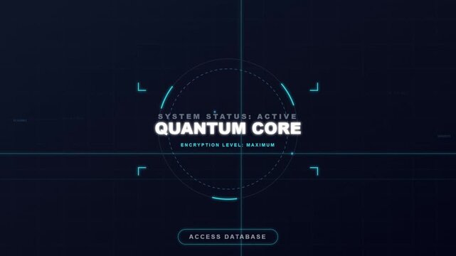 Futuristic digital interface displaying Quantum Core status with maximum encryption level and interactive access database