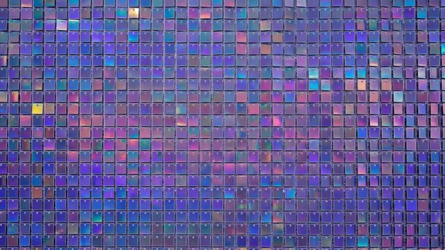 Shimmering sequin wall forms a holographic mosaic of purple and blue squares, casting prismatic reflections. Sparkling abstract party decor background , fashion campaigns, event festive visuals.
