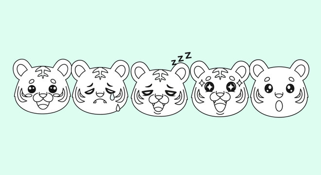 Five cartoon tiger faces showing different emotions on a mint green background