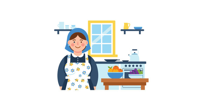 The woman with a vibrant blue headscarf and matching floral apron stands in a modern kitchen setting with a bowl of oranges and a tea kettle nearby.