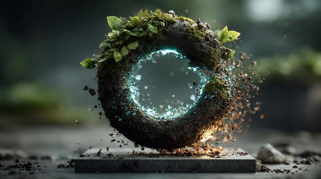 Mysterious glowing blue energy core within a levitating ring of soil and green moss.
